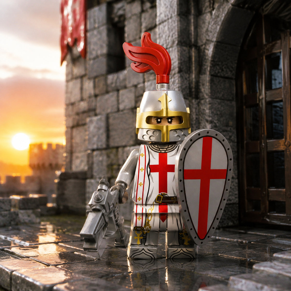 Red Cross Knight at a castle gatehouse