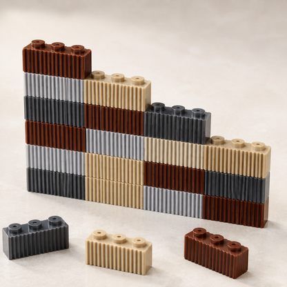Half-built wall with ridged 1x3 bricks in tan, brown, light gray and dark gray; multicolor build inspiration
