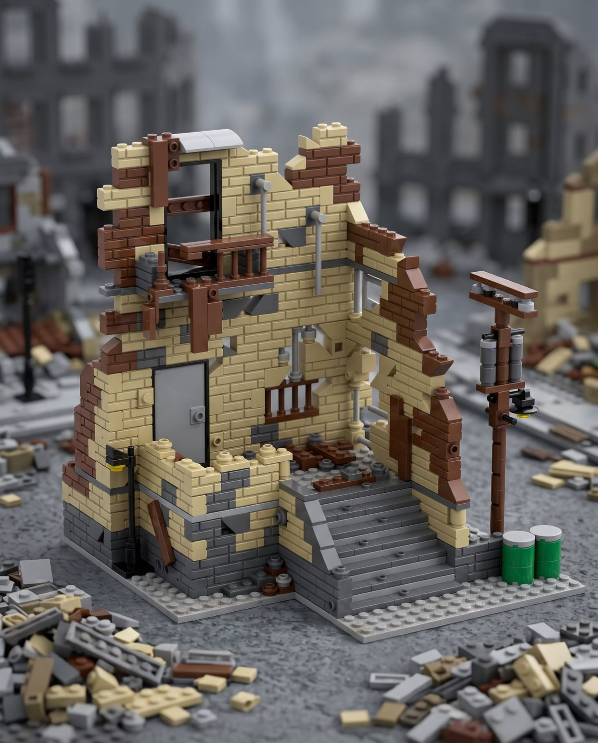 Ruined Building with Stone Staircase and Street Lamp in an illustrative scene. Scenery and additional props not included.
