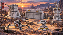 Sci-Fi Fortress Walls, Towers & Cannon Build Kits multi-build scene. Each build sold separately; surrounding scenery is illustrative.