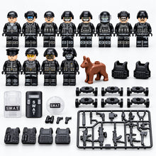SWAT Police Minifigures Mega Set with twelve figures, shields, K9 unit, and tactical accessories on a clean white background