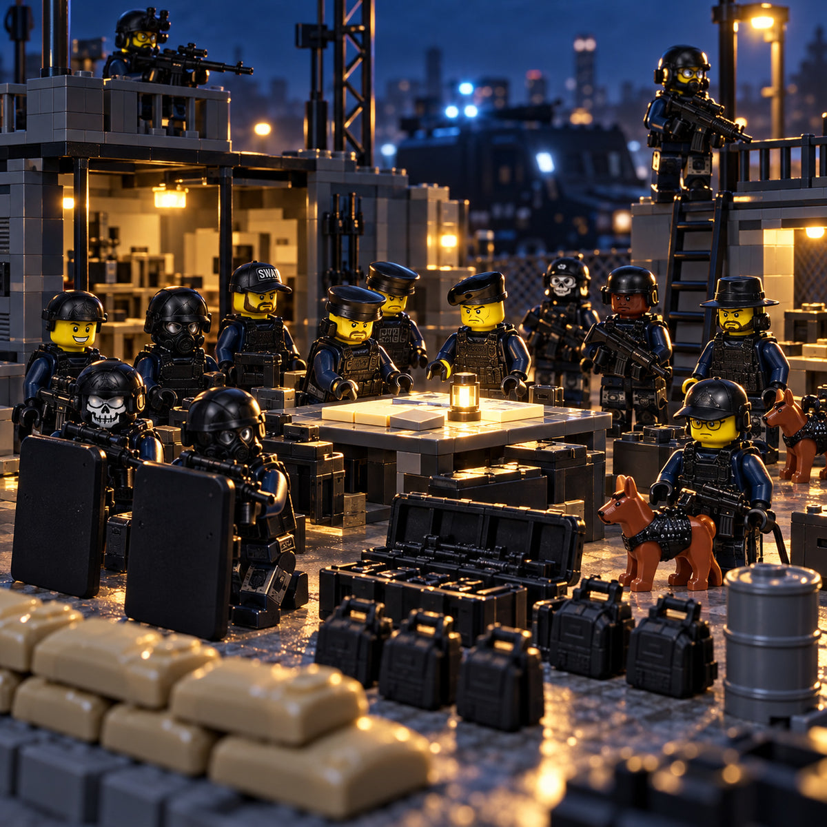 SWAT Tactical Police unit at a brick-built nighttime command perimeter, scenery not included