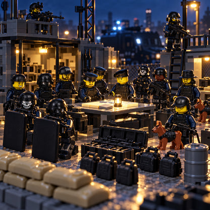 SWAT Tactical Police unit at a brick-built nighttime command perimeter, scenery not included