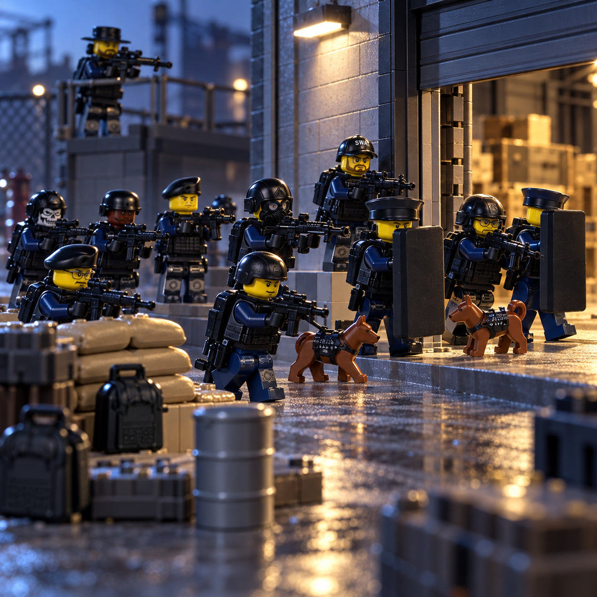 SWAT Tactical Police unit and K9 teams in a brick-built warehouse entry scene, scenery not included