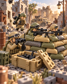 Building-brick tactical accessory collection in use: minifigure squad using varied weapons behind sandbag cover with a supply crate; figures, sandbags, and scenery sold separately unless selected.