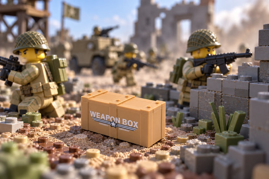Tan Weapon Box in an illustrative brick battlefield scene; minifigures, weapons, vehicles, and scenery not included.