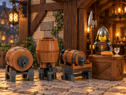 Tavern Watch Battle Pack barrel and crate scene with guard feet hidden