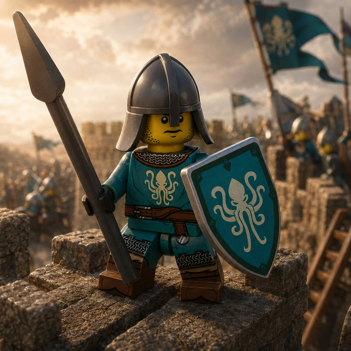Teal Octopus Spear Knight collectible minifigure in a medieval castle action scene