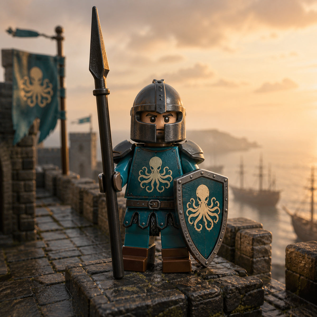 Teal Octopus Spear Knight at a coastal castle watchtower