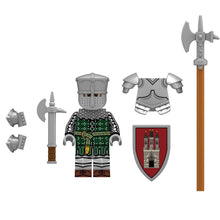 Three Tower Knight minifigure with armor, shield, axe, halberd, and arm guards