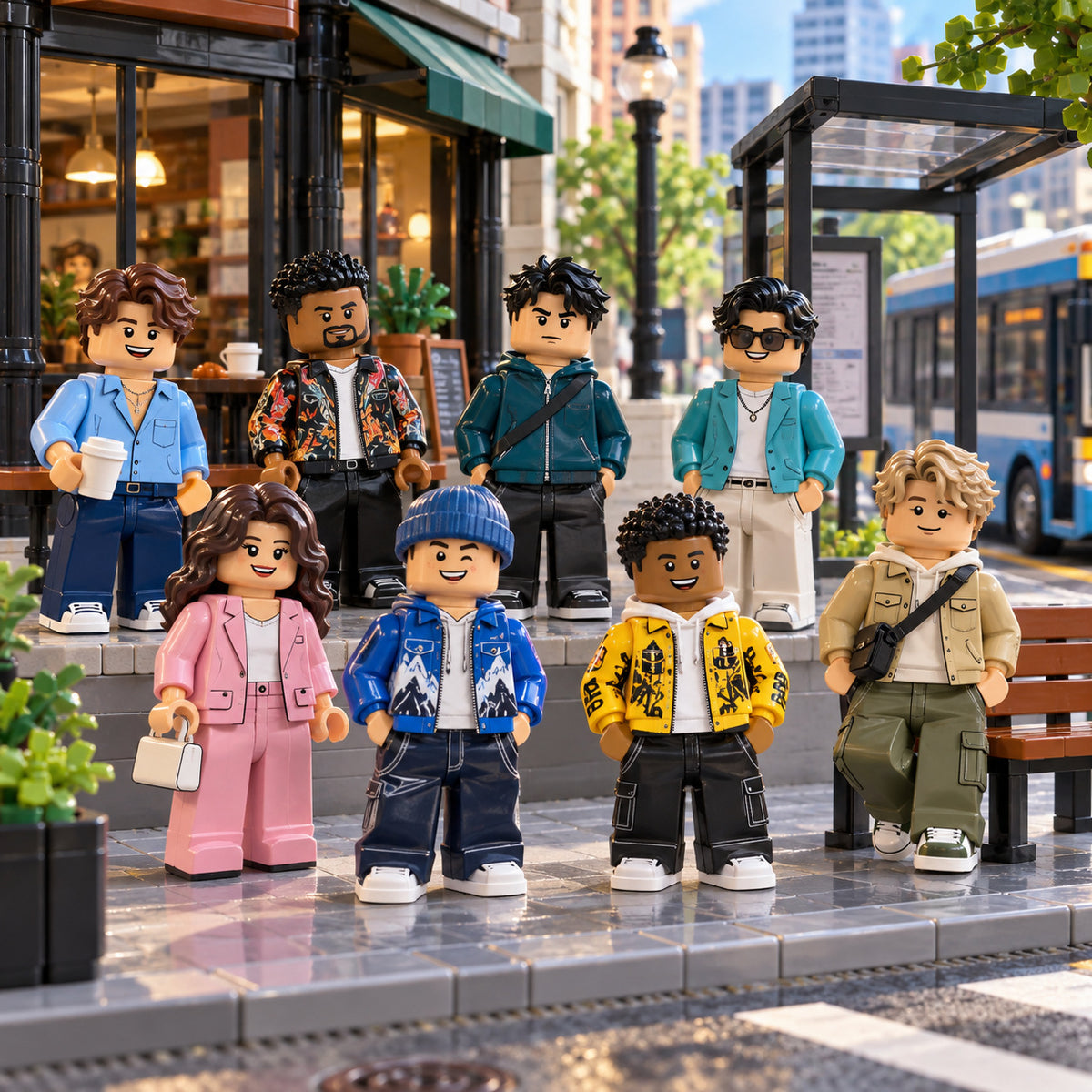Eight Urban Style Fashion Series minifigures at a modern city corner; scenery not included