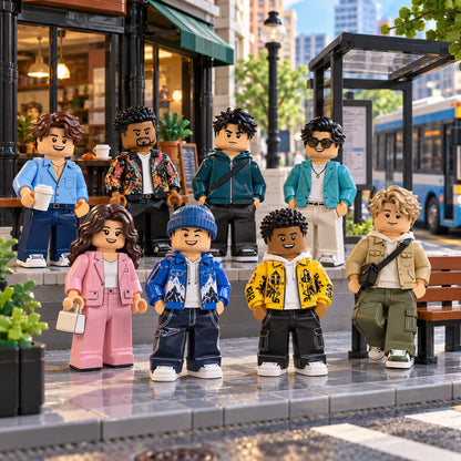 Eight Urban Style Fashion Series minifigures at a modern city corner; scenery not included