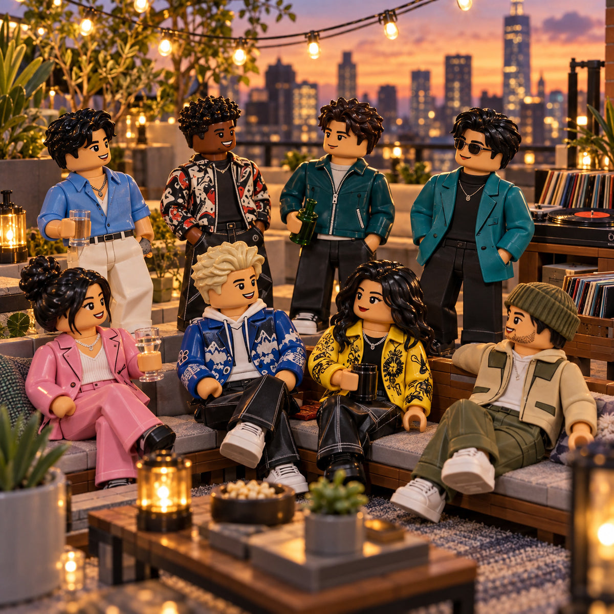 Eight Urban Style Fashion Series minifigures at a rooftop gathering; scenery not included