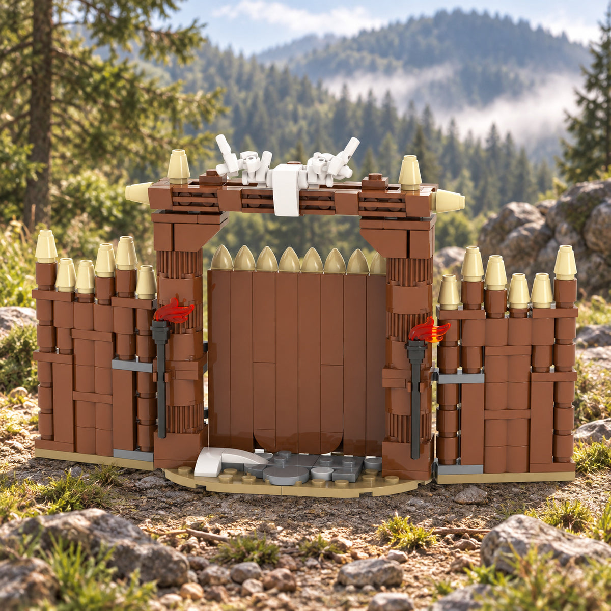 Log palisade gate in an illustrative forest setting. Scenery and additional props not included.