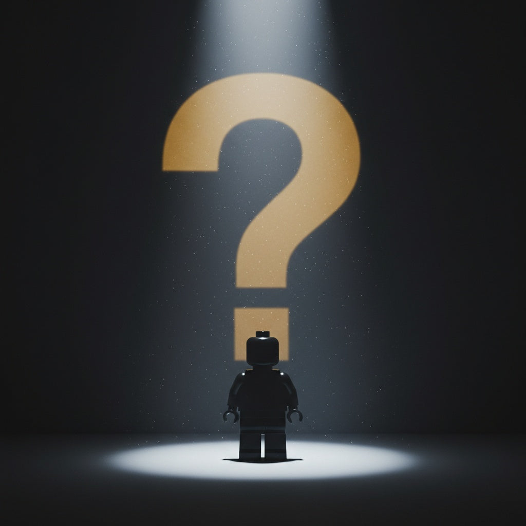 Single mystery minifigure silhouette in a spotlight under a glowing question mark