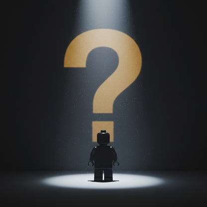 Single mystery minifigure silhouette in a spotlight under a glowing question mark