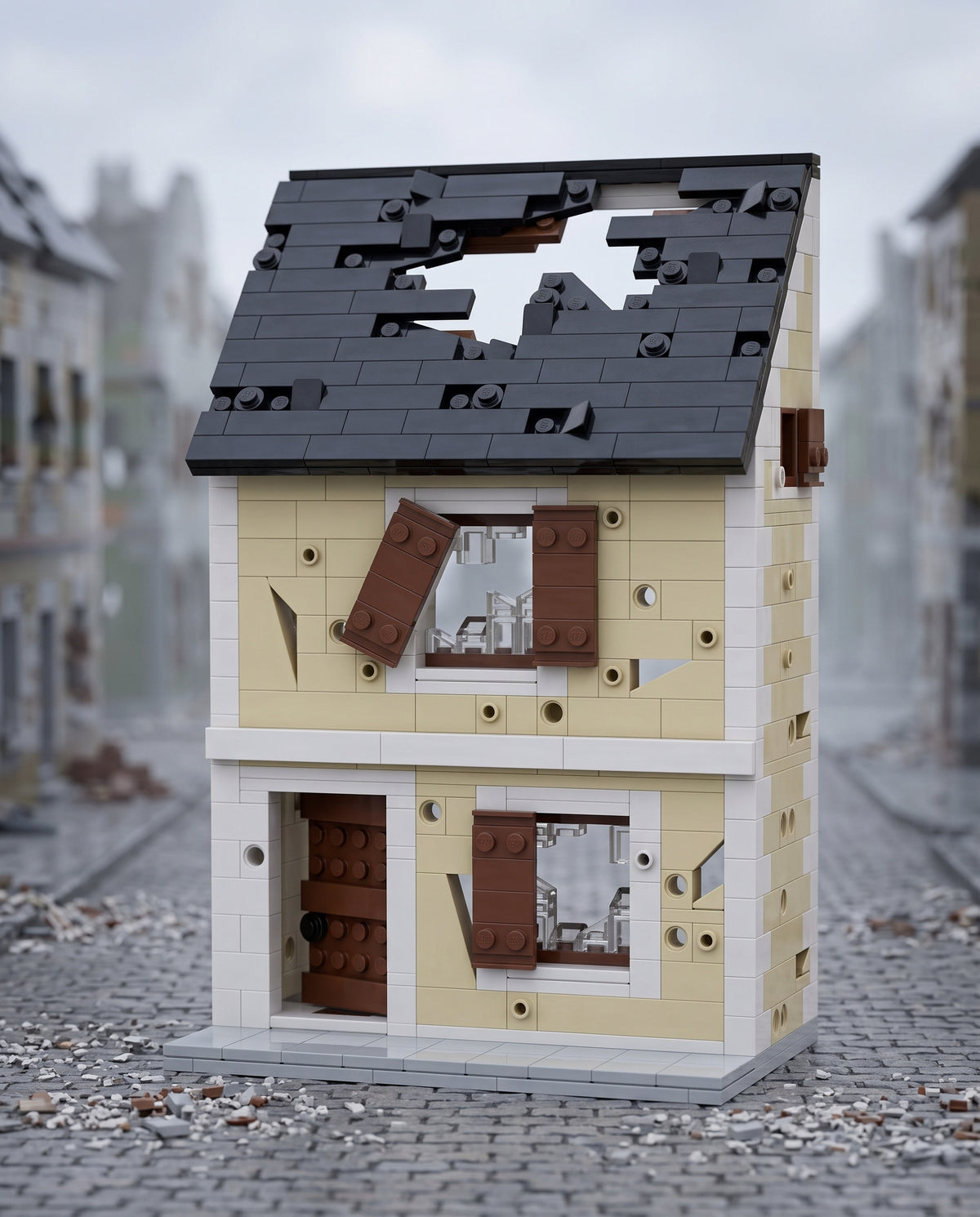 Shell-Holed House with Black Roof in an illustrative scene. Scenery and additional props not included.