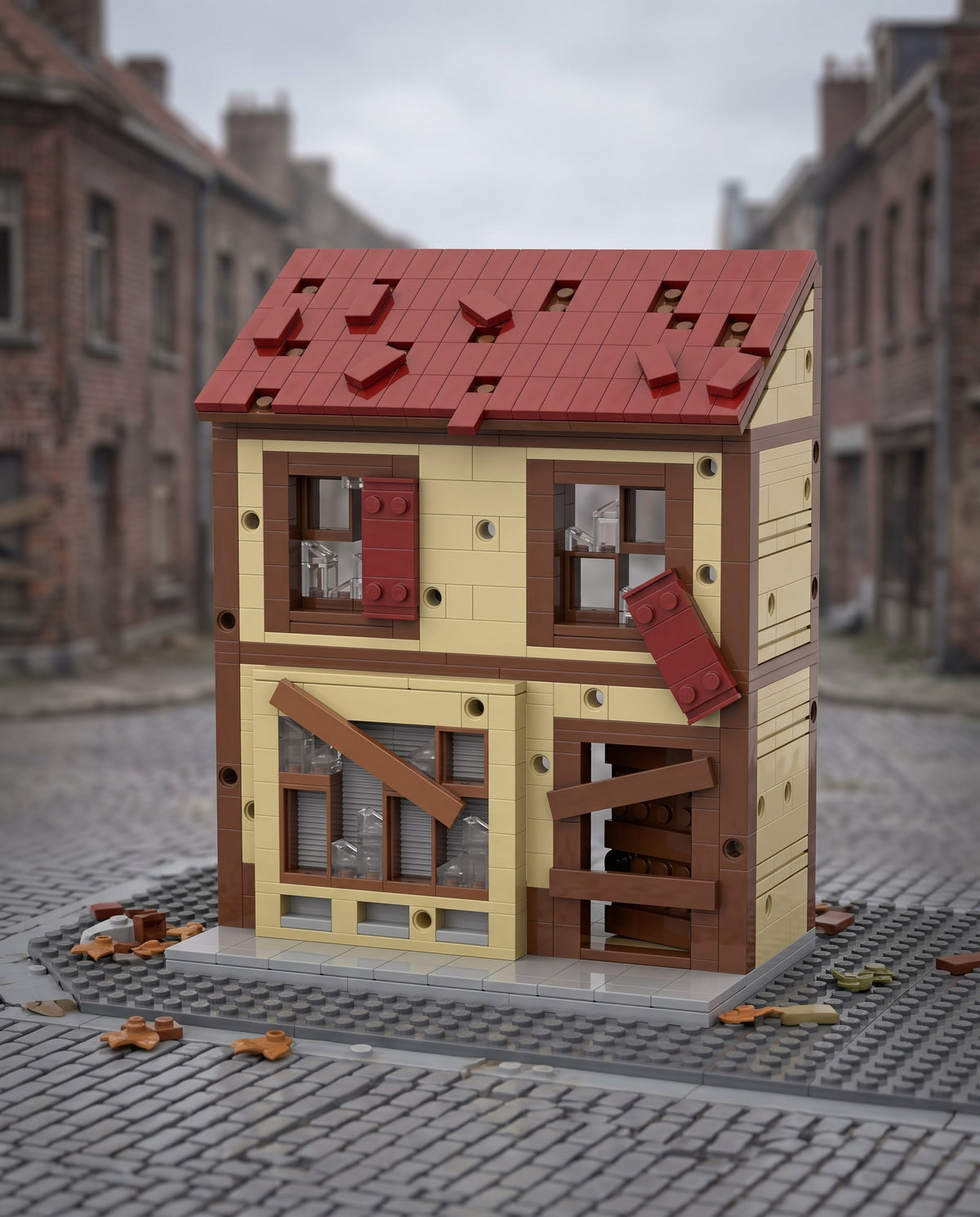 Two-Storey House with Boarded Windows and Red Roof in an illustrative scene. Scenery and additional props not included.