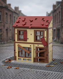Two-Storey House with Boarded Windows and Red Roof in an illustrative scene. Scenery and additional props not included.