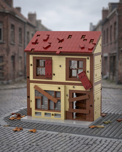 Two-Storey House with Boarded Windows and Red Roof in an illustrative scene. Scenery and additional props not included.