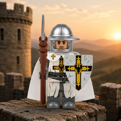 White-caped knight on an AI-generated castle battlement. Scenery not included.