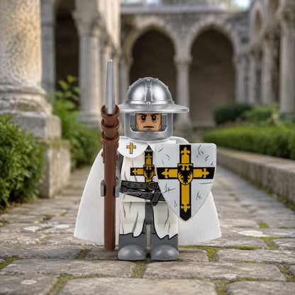 White-caped knight in an AI-generated cloister garden. Scenery not included.