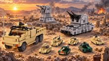 Desert patrol truck, anti-aircraft gun builds and small tanks together in a wide brick-built battle scene