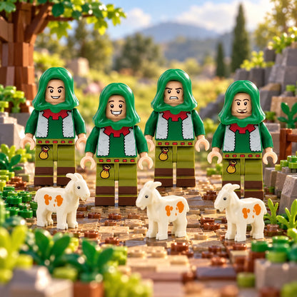 Four woodland shepherd minifigures and three goats on a brick-built path; scenery not included