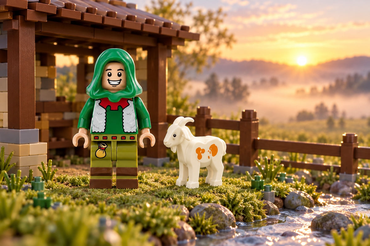Woodland shepherd minifigure and goat beside a brick-built shelter; scenery not included