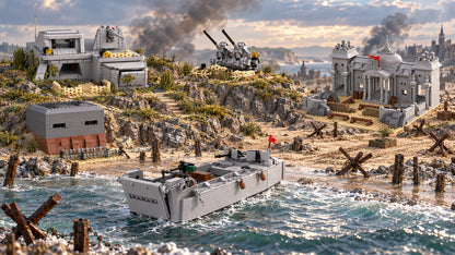 WWII Front Line Build Kits multi-build scene. Each build sold separately; surrounding scenery is illustrative.