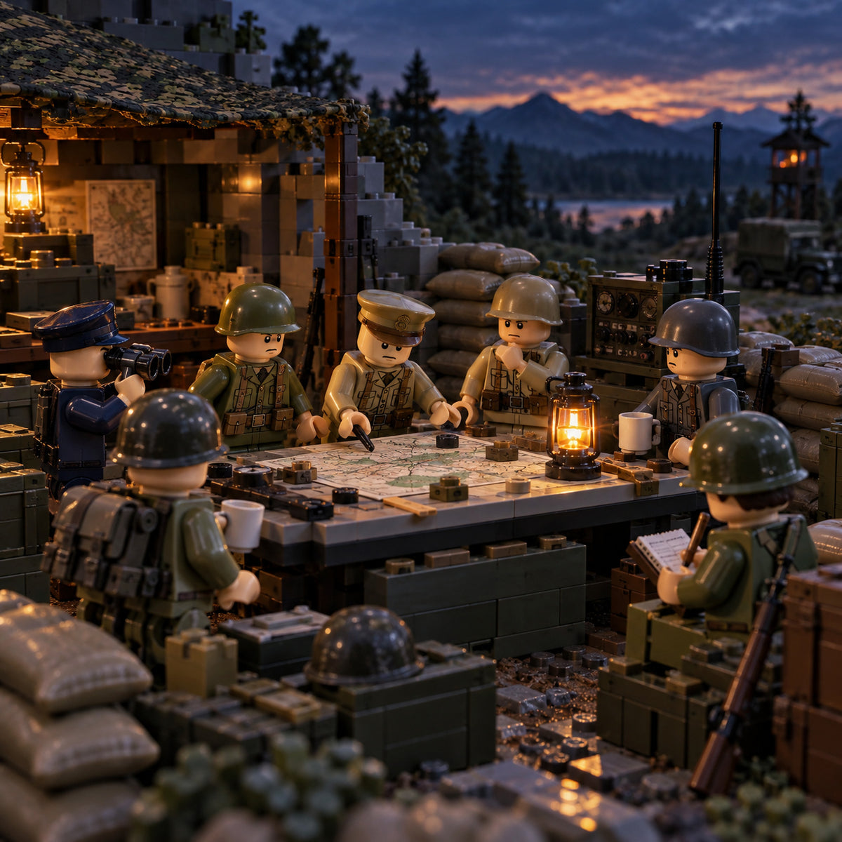 WWII historical soldier minifigures gathered at a field command post; scenery not included