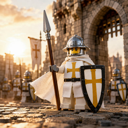White-Caped Knight with Golden Cross Shield and Spear Minifigure