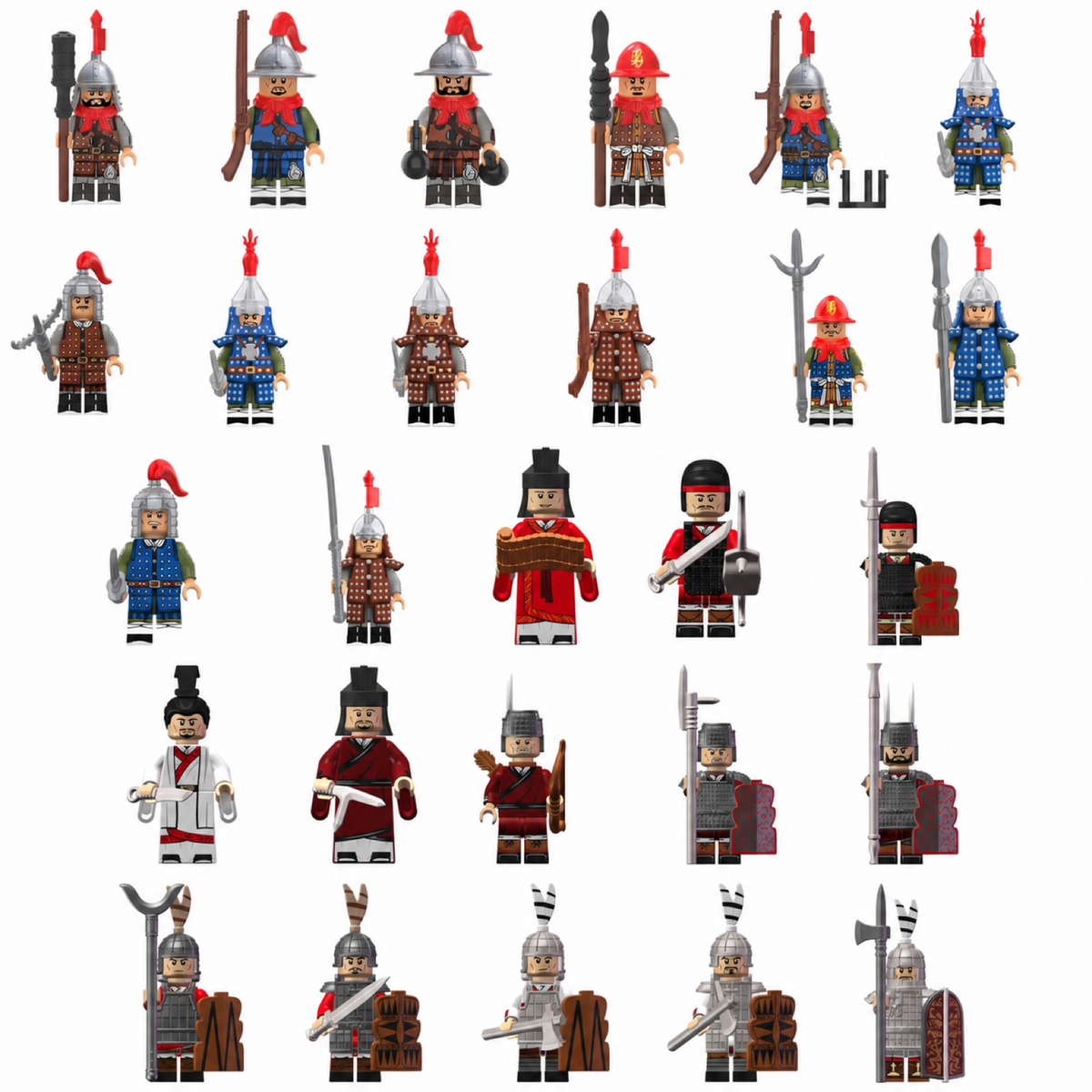 Clash of Empires XP666 to XP695 warrior minifigure group on white background
