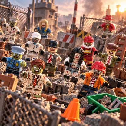 Mixed zombie minifigures at a ruined checkpoint scene