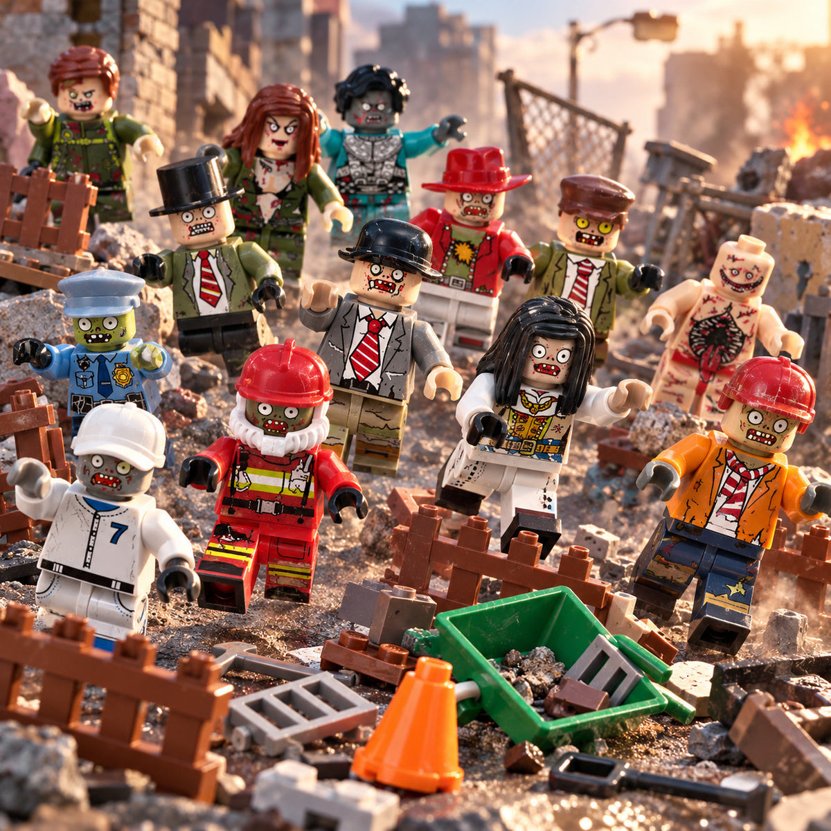 Mixed zombie minifigures in a ruined city battle scene